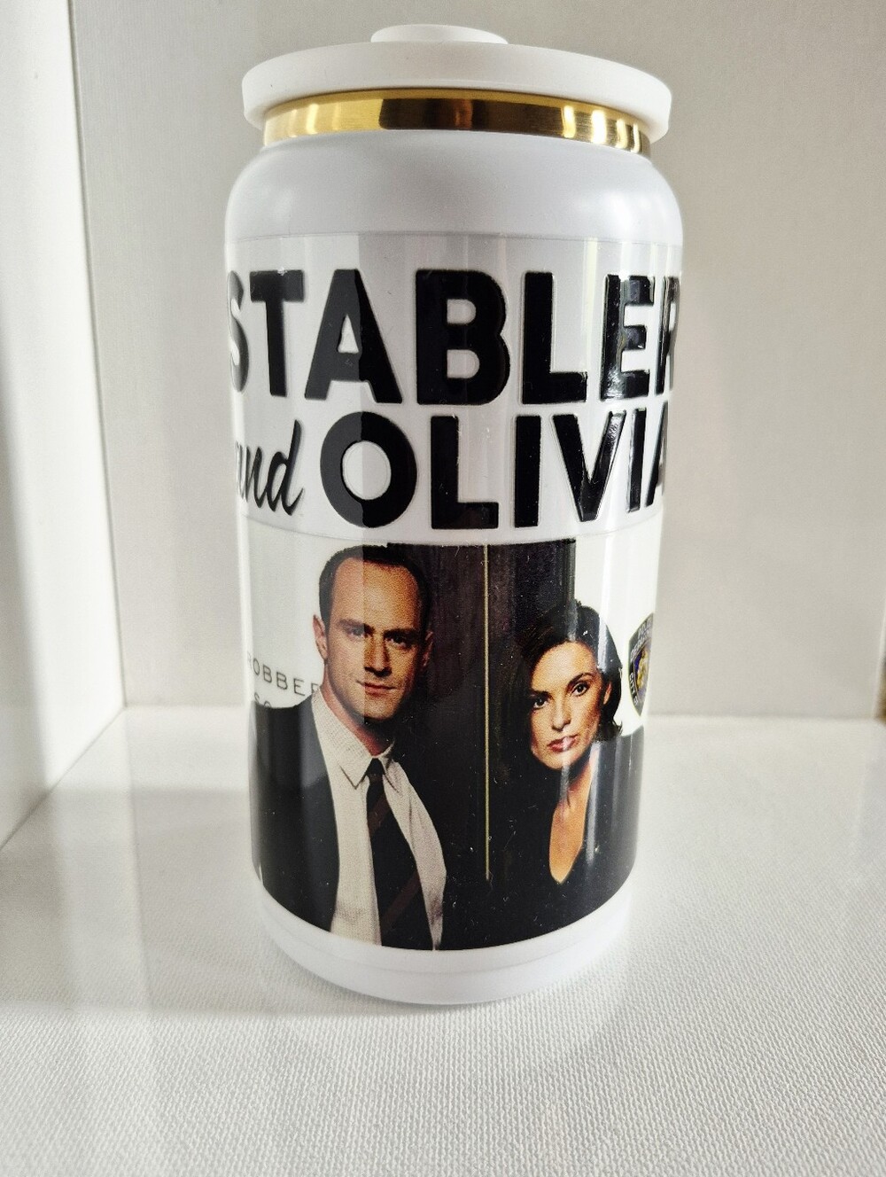 Law & Order White Gold Steel 16oz Can Beverage Bottle Tumbler Made-to-order